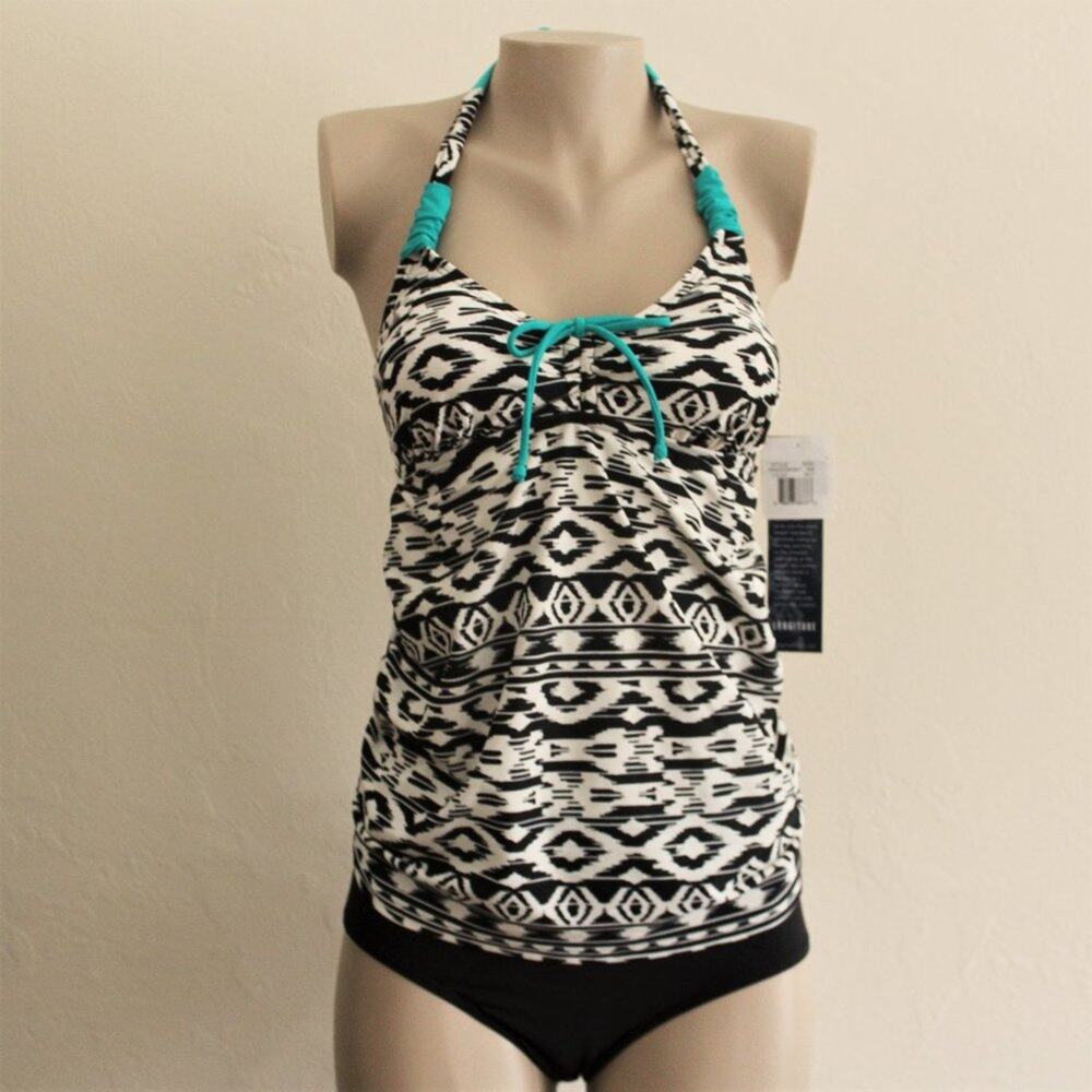 Longitude Black White Ikat Halter High Waist Tankini Set